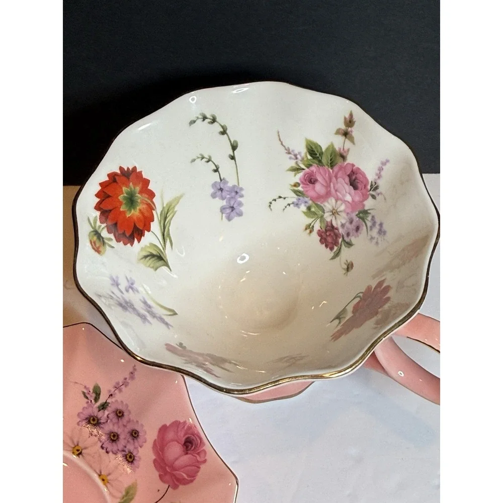 Meritage Pink Floral Teacup & Saucer Scalloped Gold Trim Tea Cup Set 6